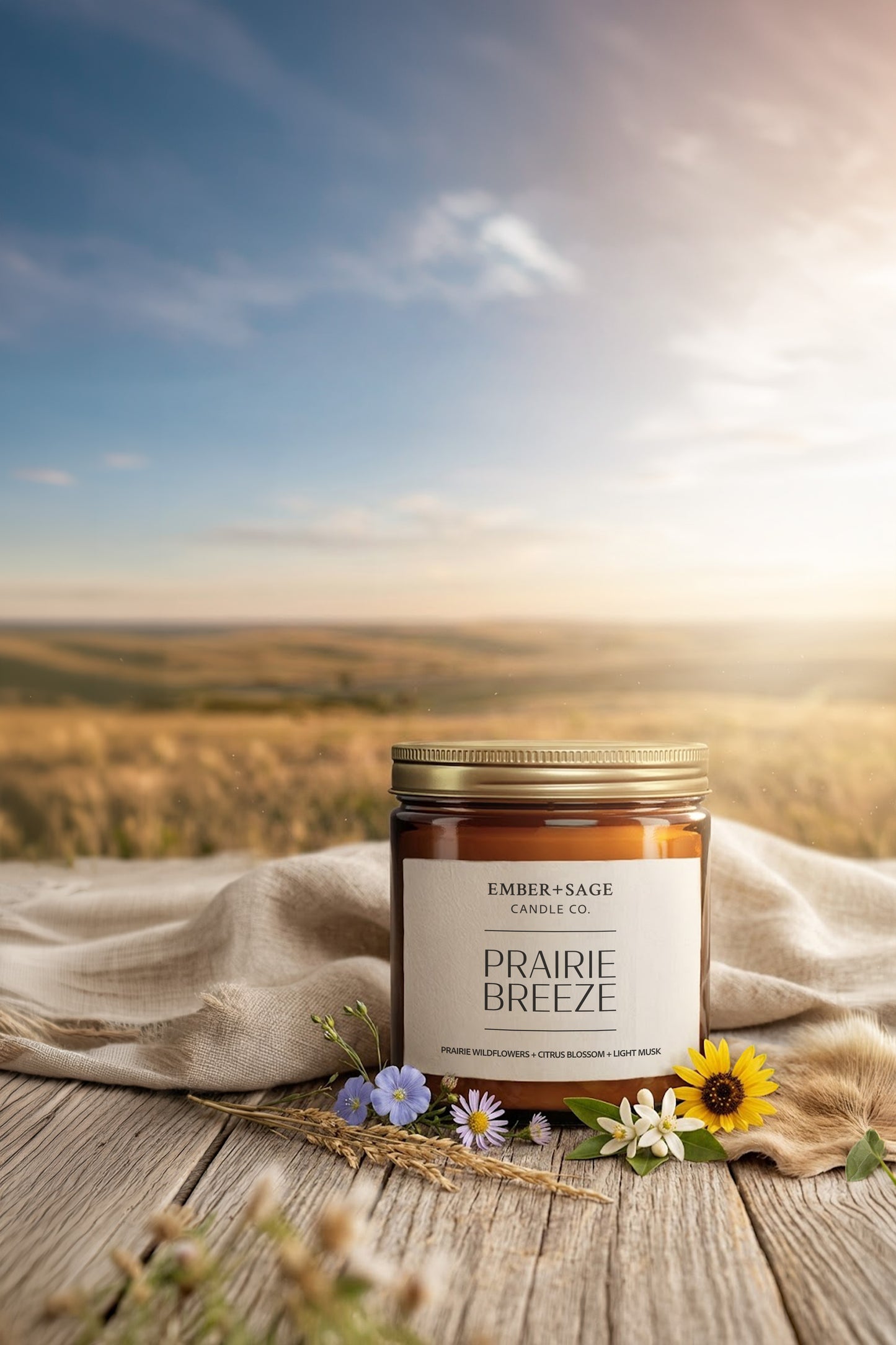 Prairie Breeze Candle on a wooden table surrounded by prairie wildflowers with clear skies and the Nebraska Sandhills in the background