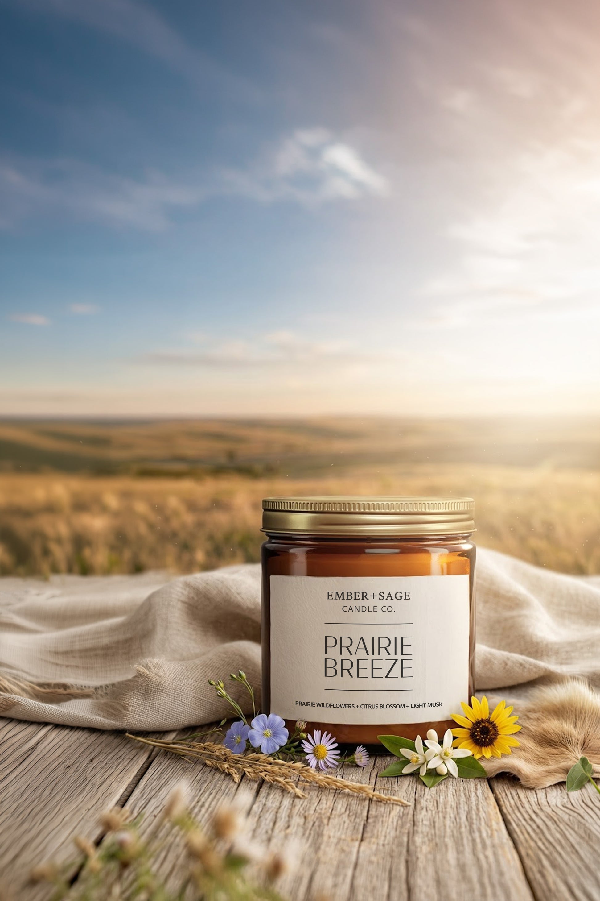 Prairie Breeze Candle on a wooden table surrounded by prairie wildflowers with clear skies and the Nebraska Sandhills in the background