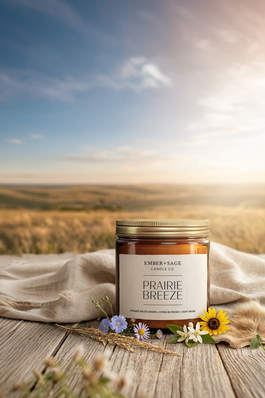 Prairie Breeze Candle on a wooden table surrounded by prairie wildflowers with clear skies and the Nebraska Sandhills in the background